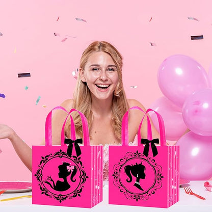 C L cooper life 12pcs Hot Pink Girl Party Gift Treat Bags with Handles Pink Girl Grocery Shopping Bag Princess Theme Non-Woven Bags for Girls Birthday Party Ladies Bachelorette Party Supplies