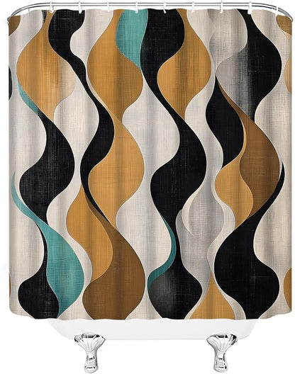 Mid Century Shower Curtain Boho Minimalist Modern Abstract Aesthetic Geometric Striped Atomic Retro Earthy Fabric Bathroom Decor Set with Hooks(47" WX70 H)