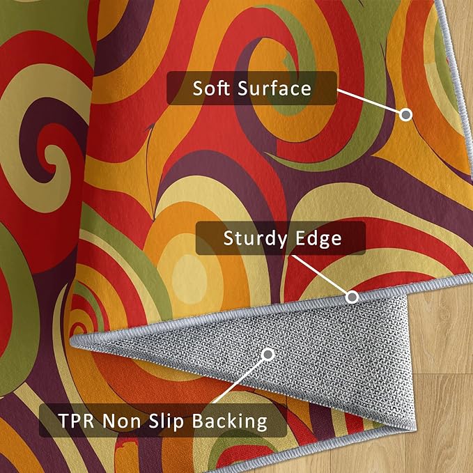 70s Retro Rug 4x6 Swirl Psychedelic Groovy Hippie Pop Pattern Area Rugs for Living Room, Bedroom, 70s Retro Home Decor Accessories Indoor Carpet, Non Slip & Machine Washable, GD0315