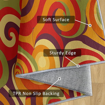 70s Retro Rug 4x6 Swirl Psychedelic Groovy Hippie Pop Pattern Area Rugs for Living Room, Bedroom, 70s Retro Home Decor Accessories Indoor Carpet, Non Slip & Machine Washable, GD0315
