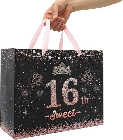 wishinside 13'' Large 16th Birthday Gift Bag Set with Handles, Greeting Card, Pink Tissue Papers and Stickers for 16 Year Old, Her, Girls, Daughter, Best Friend, Tiara Design, 1 Pcs