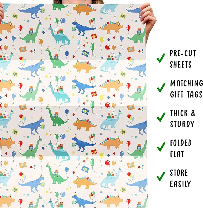 CENTRAL 23 Dinosaur Wrapping Paper Birthday Boy - 6 Sheets Dino Gift Wrap For Children - Dino Birthday Party - Kids Wrapping Paper - Comes With Stickers