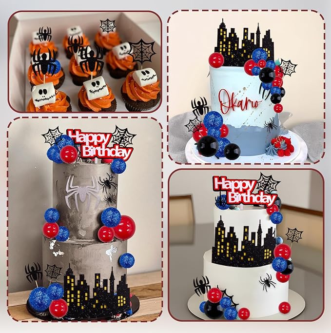 Morofme 48pcs Spider Cake Decorations Spiders Theme Cake Topper Spider Web Cupcake Decor Spiders Building Toothpick Red Black Blue Balls Cupcake Decoration for Boys Men Birthday Party Supplies