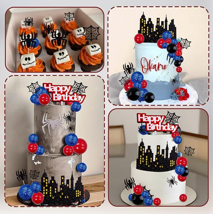 Morofme 48pcs Spider Cake Decorations Spiders Theme Cake Topper Spider Web Cupcake Decor Spiders Building Toothpick Red Black Blue Balls Cupcake Decoration for Boys Men Birthday Party Supplies