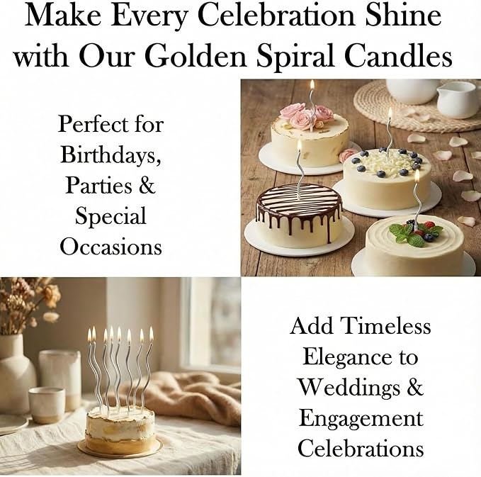 12-Count Spiral Birthday Candles, Long Twisty Party Silver Candles with Candle Holders, Long Burning for Weddings, Birthdays, Party Decorations, Cupcakes, Anniversary and Meetups (Silver)