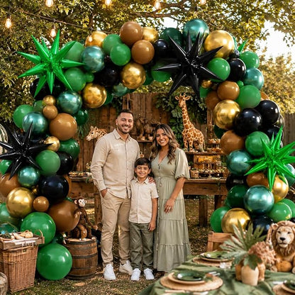 Green and Brown Balloons, 12 Inch Jungle Safari Woodland Balloon with Brown Black Dark Green Confetti Balloons Metal Balloon for Video Game Theme Birthday Wild One Party Decorations