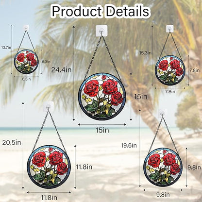 Stained Glass Window Hanging Red Rose Flower 7.8" - Suncatcher Door Garden Sun Catcher Decor Birthday Anniversary Valentines Day Gifts for Woman Wife Men Her Him Lovers Girlfriend