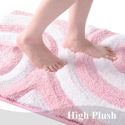 QJHOMO Pink and White Cute Bathroom Rugs Non Slip Bath Mat Modern Aesthetic Bathroom Decor, Geometric Striped Bath Rug Fluffy Floor Mats, Thick Microfiber Carpet Machine Washable (18x26 inch)