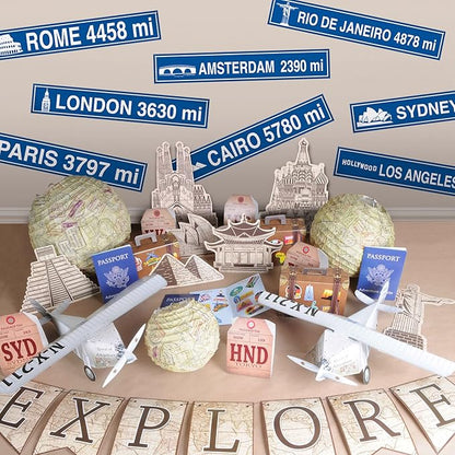 Beistle Pack of 4 Travel Street Sign Cutouts in Blue/White, International Themed Party Wall Hanging Decorations, History, Georgraphy Classroom Decor