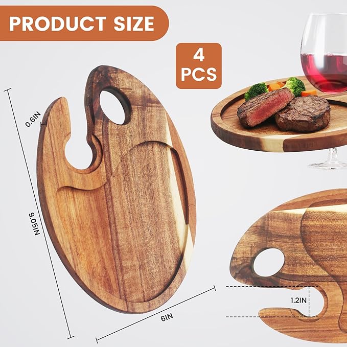 Wine Appetizer Plates Set of 4, Acacia Wooden Mini Charcuterie Boards with Wine Glass Holder, Individual Cocktail Snack Plates for Wine & Cheese Parties, Entertaining & Gifts (Acacia)