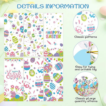 woric 100PCS Easter Cellophane Treat Bags with Gift Tags Easter Bunny Candy Bags Clear Egg Goodie Bag with 100 Twist Ties for Spring Party Favor Supplies