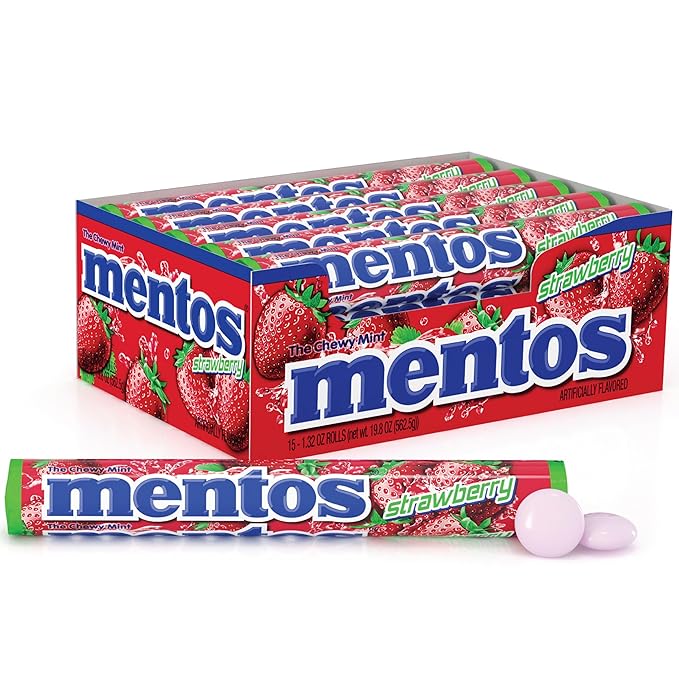 Mentos Chewy Mint Candy Roll, Strawberry Mint Candies, 14 Pieces Per Roll, 15 Count Party Pack