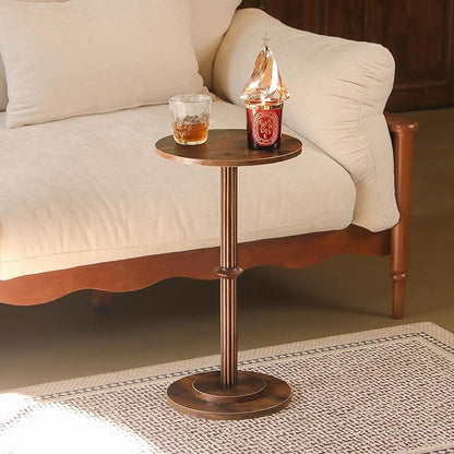 MaxSmeo Drink Table, Small Side Table for Small Spaces, Modern Round End Table with Fluted Wood Leg, Rustic Brown
