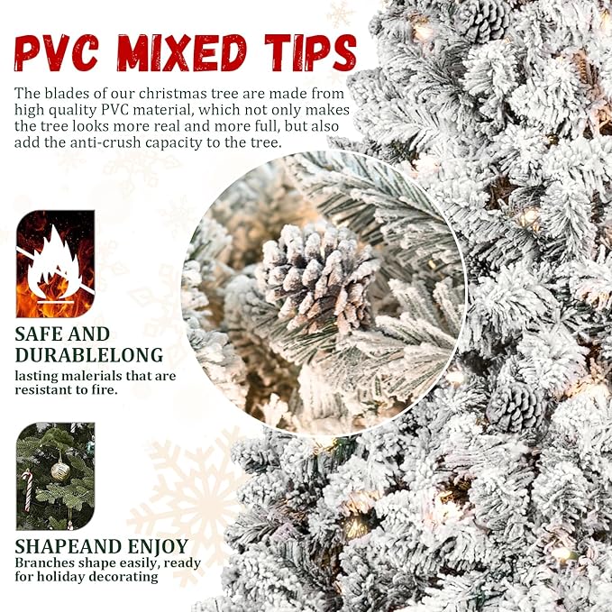 9FT Prelit Flocked Christmas Tree with 850 Lights & 2240 Branch Tips, Pre Lit Hinged Xmas Tree with Memory Wire Technology, Premium Artificial Christmas Tree with Pine Cone for Holiday Decoration
