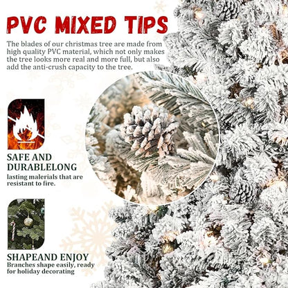 9FT Prelit Flocked Christmas Tree with 850 Lights & 2240 Branch Tips, Pre Lit Hinged Xmas Tree with Memory Wire Technology, Premium Artificial Christmas Tree with Pine Cone for Holiday Decoration