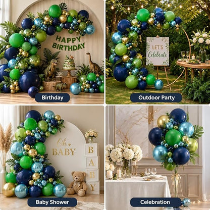 134Pcs Blue and Green Balloon Garland Kit, Navy Blue Dark Green Gold Balloon Arch Kit with Metallic Chrome Balloons, Dinosaur Helium Latex Balloons for Dino Jungle Safari Birthday Party Decorations