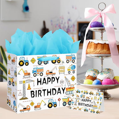 Laidans 13" Large Happy Birthday Gift Bag for Baby Boy Kids with Tissue Paper and Card (Construction Vehicle)
