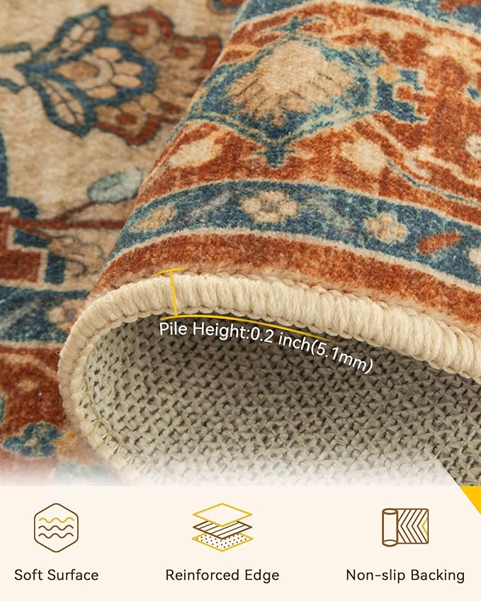 RELEANY Area Rugs Square 10ft Washable Non-Slip, Floral Vintage Distress Print Pattern Medallion Carpet for Living Room Bedroom Dining Room, Red Orange Blue Brown