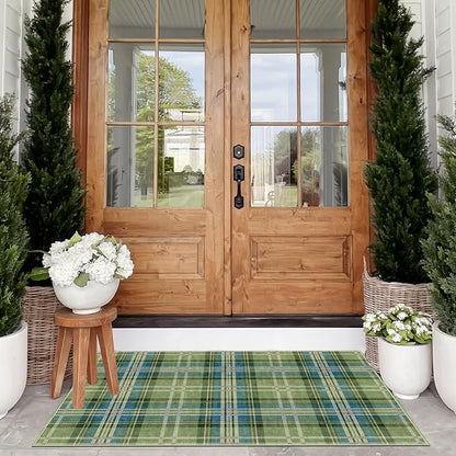 Buffalo Outdoor Rug - 28" x 43" Front Door Mat Indoor Outside Entrance Non-Slip Washable Outdoor Mat Green Teal Plaid Tartan Rug for Entryway Kitchen Bedroom Layered Doormat for Front Porch