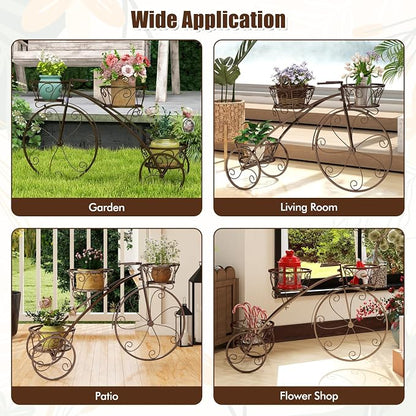 Giantex Metal Bicycle Planter, 3 Tier Tricycle Flower Plant Stand w/ 3 Decorative Wheels, Parisian Style Flower Display Stand Cart for Home Decor Patio Garden Flower Shop Indoor Outdoor (Bronze)