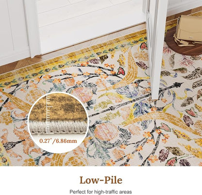 AMTOVO 8x10 Washable Area Rugs for Living Room, Non-Slip&Non-Shedding Large Soft Boho Floral Vintage Print Carpet for Bedroom Dining Room Farmhouse Nursery Kids Room Home Office, Golden Yellow