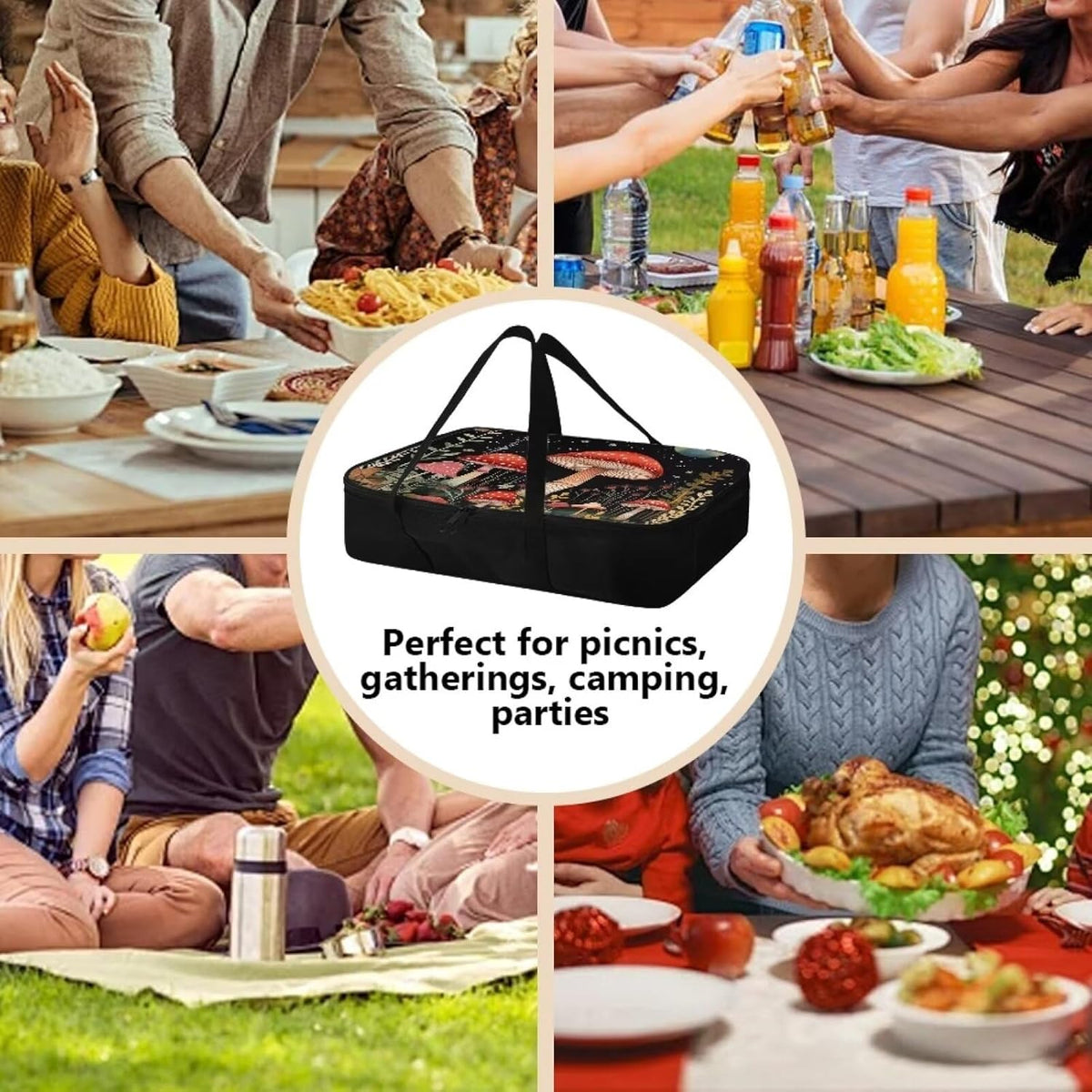 Mushroom Insulated Casserole Carriers for Hot or Cold Food Casserole Dish Carrying Case with Heat Resistant Lining Reusable Food Carrier Fits 11 x 15 or 9 x 13 Baking Dish