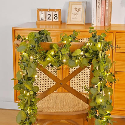 Dolicer 4 Packs 6FT Artificial Eucalyptus Garland with LED Light String, Faux Greenery Garland Hanging Fake Silver Dollar Eucalyptus Leaves Vines for Wedding Backdrop Arch Table Wall Party Home Decor