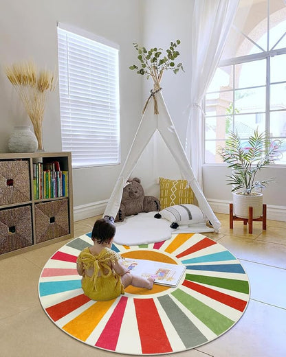 STARUIA Boho Washable Rug 5 Ft Round Area Rug for Bedroom, Rainbow Circle Kids Rugs for Office, Non-Slip Circluar Carpet Soft Sunshine Rugs for Dorm Nursery Sofa Living Room Corner