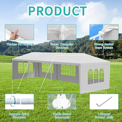 10' x 30' White Canopy Tent with 5 Removable Sidewalls, Outdoor Patio Gazebo with Transparent Windows, Shade Shelter Tents Ideal for Birthdays, Events, Parties, Weddings, Gatherings, BBQ