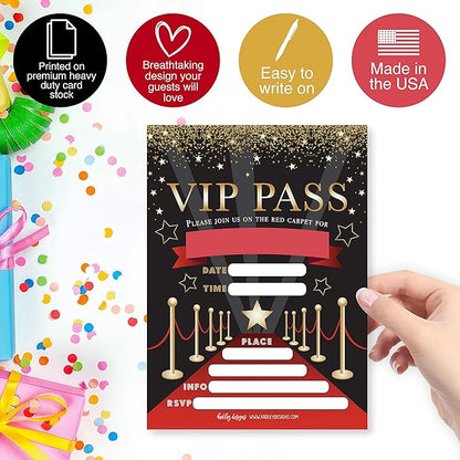Hadley Designs Kids Birthday Invitations For Boys and Girls VIP Theme - 25 Movie Birthday Party Invitations For Boys, VIP Invites For Girls, Cute Popcorn Party Supplies, Made In USA