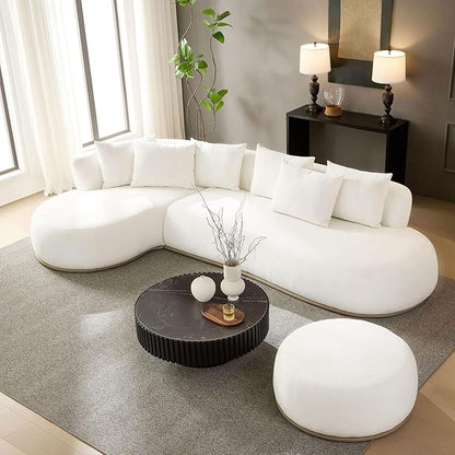 WILLIAMSPACE 134.63" Oversize Curved Sofa Cloud Couch with Round Chaise & Ottoman, Modern Upholstered Curved Sectional Sofa Couch with 6 Pillows for Living Room, No Assembly (Left-Facing,Cream White)