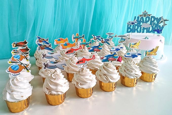 Airplane Birthday Party Cake Cupcake Topper,Plane Party Decoration 25Pcs Glitter Airplane Aircraft Cake Cupcake Toppers for Kids Aviator Aviation Airplane Theme Birthday Party Baby Shower Supplies