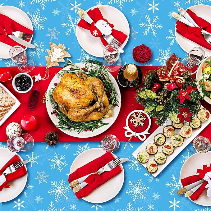 Peryiter 6 Pcs Winter Snowflake Plastic Tablecloth Decorations, Christmas Wonderland Disposable Table Cover 54 x 108 Inch Blue and White Dining Table Cover for Winter Holiday Theme Party Supplies
