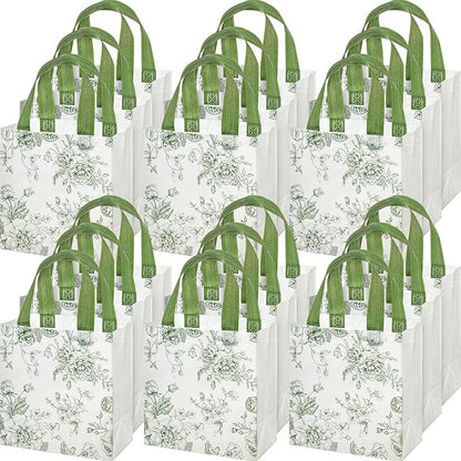 HunnmingRe 30 Pcs Sage Green Floral Gift Bags Floral Gifts Bag with Handles Bulk Wedding Bridal Shower Party Favor Non Woven Reusable Tote for Women Baby Shower Birthday Tea Fall Party Supplies