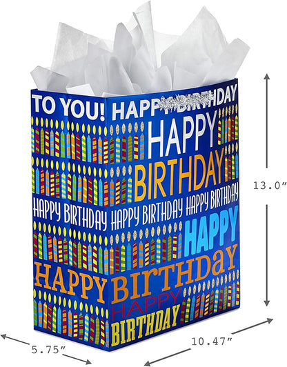 Hallmark 13" Large Birthday Gift Bag with Tissue Paper (Blue Happy Birthday, Multicolored Candles)