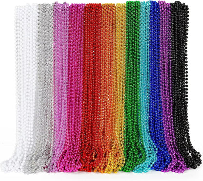 144PCS Mardi Gras Beads, Metallic 12 Kinds Bead Necklace Party Supplies, 33" Mardi Gras Necklace Costume Stuff, Festival Parade Throw Accessories for Wedding Birthday Celebrations Decorations