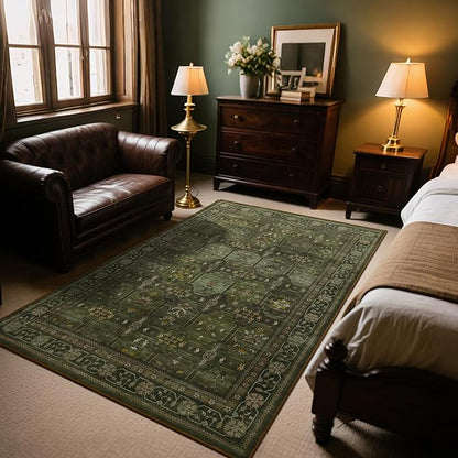 4x6 Area Rug for Bedroom Machine Washable, Non Slip Vintage Floral Kitchen Rugs for Dining Room, Low Pile Indoor Floor Print Carpet for Nursery Farmhouse Home Office Dark Green