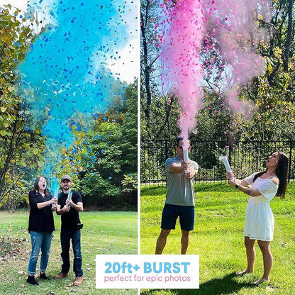 PrimePure Gender Reveal Confetti Cannon - Biodegradable Powder & Heart Shaped Confetti Poppers - 2 Pink & 2 Blue, 4 Pack - Baby Boy or Baby Girl Gender Reveal Smoke Bomb - Powder Cannon Party Poppers
