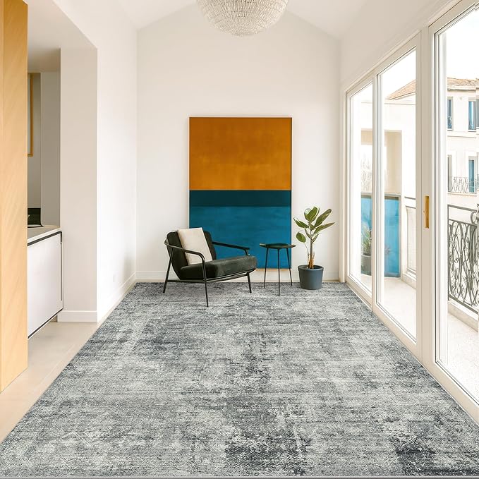 Hazo Haus Blue and Grey Abstract 5x7 Living Room Rug, Washable Area Rug with Non-Slip Backing, Soft Low Pile Rug for Bedroom & Office, Modern Medallion Design