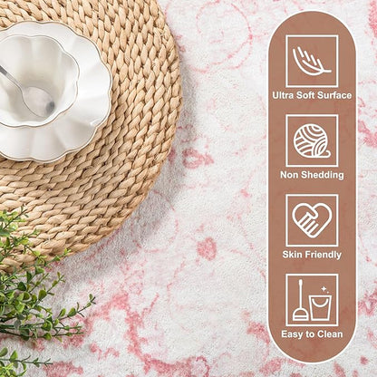 Sofrug Area Rug 6x9 - Vintage Floral Honeycomb Non Slip Backing Carpet - Pink Softer Thicker Faux Wool Rug - Foldable & Machine Washable Rugs for Living Room Bedroom Dining Room Home Office