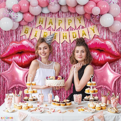 KatchOn, Pink Birthday Decorations Set – Pack of 42 | Happy Birthday Banner and Lip Decor For Happy Birthday Decorations Women, Girls, Her | Pink Party Decorations | Birthday Backdrop | Birthday Sign