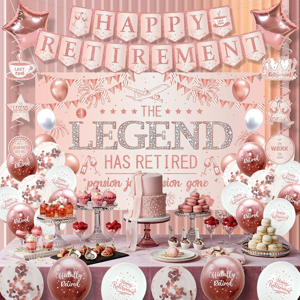 Roetyce Retirement Party Decorations Women, Rose Gold Happy Retirement Banner Backdrop Balloons Hanging Swirls for Coworker Family, Pink Lengend Has Retired Sash & Crown, Office Retired Background