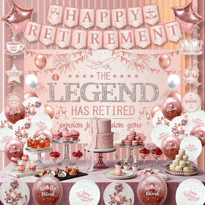 Roetyce Retirement Party Decorations Women, Rose Gold Happy Retirement Banner Backdrop Balloons Hanging Swirls for Coworker Family, Pink Lengend Has Retired Sash & Crown, Office Retired Background