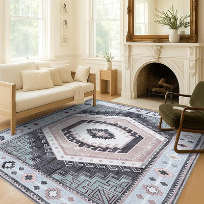 Fame Living Washable Area Rug. Modern Farmhouse. Vintage. Turkish. Bohemian. Distressed. Oriental. Traditional. Rugs for Living Room. Dining. Bedroom. Office. Entryway. (856BlckGry, 2'5" x 4'9")