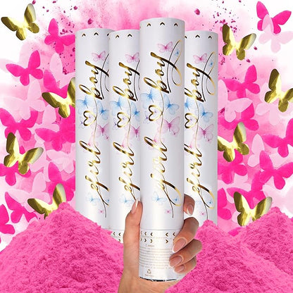 PrimePure Gender Reveal Confetti Cannon - Butterfly Confetti Popper & Biodegradable Powder Cannon - Pink, 4 Pack - Baby Girl Gender Reveal Smoke Bombs Baby Powder Pink Paper Party Poppers