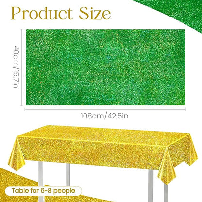 Just Shimmer Sparkling Holographic Laser Tablecloth - Shimmering, Waterproof, Easy to Clean - Ideal for Bachelorette, Birthday, Wedding, and Anniversary Party Decorations (Green & Gold, 2)