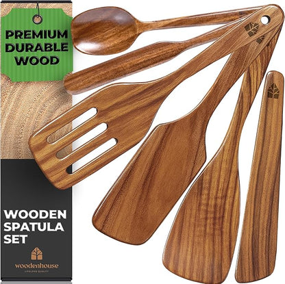 Wooden Spatula for Cooking - Non-Scratch, Sturdy, Natural Teak Cooking Utensils - Easy to Clean Wooden Spatula Set with Turner, Scraper, Slotted & Frying Wood Spatulas, Jar Scraper, Spoonula - 6 Pcs