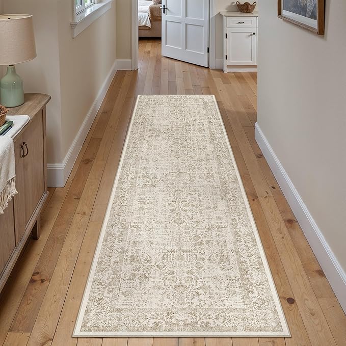 PureCozy Light Brown Runner Rug 2'6"x10' Washable Carpet for Hallway Kitchen Vintage Distressed Non Slip Indoor Retro Floral Bedroom Accent Throw Long Rug Bathroom Office Laundry Dining Living Room