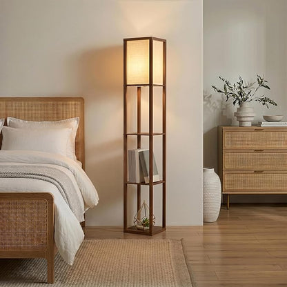 Brightech Maxwell - Modern Shelf Floor Lamp with Lamp Shade & Warm White LED Bulb, Corner Display Floor Lamp with Shelves for Living Room, Bedroom, Nightstand Office, Home Decor Storage - Havana Brown