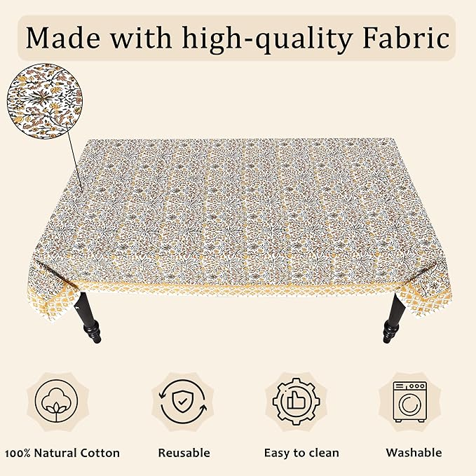 Ridhi Hand Block Print Goldenrod Yellow Rectangle Cotton Tablecloth 102" x 48" Reusable Table Cover Decorative Everyday Use for Dining, Farmhouse, Home Gift for Spring, Easter, Valentine